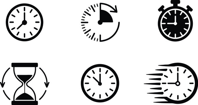 Time management icons collection with clock stopwatch hourglass loop and speed indicators for productivity and scheduling concepts