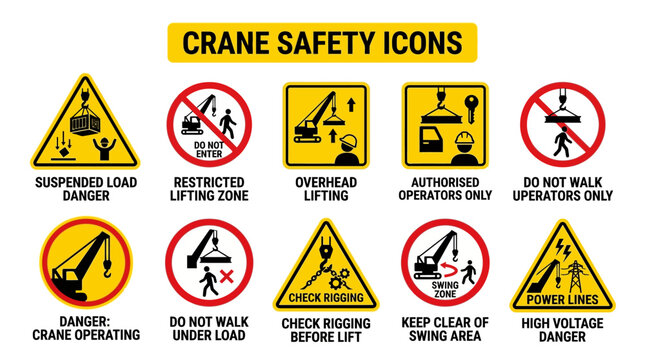 Construction site displays various crane safety warning signs and icons.
