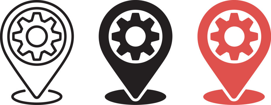 map pin settings icon. location configuration symbol, geolocation management and navigation adjustment