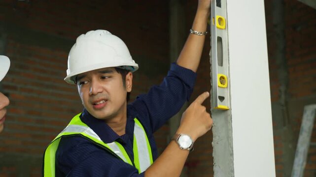 Construction worker safety helmet spirit level wall inspection building site teamwork measuring tool male worker indoor renovation engineer safety vest pointing finger concrete wall brick man hardhat