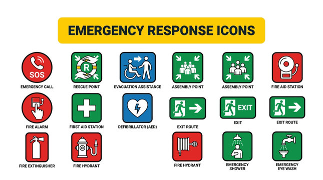 Emergency response icons depict various safety symbols and signs for immediate action.