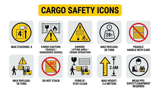 Cargo safety icons illustrate warning signs for secure handling and stacking procedures in industrial settings.