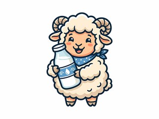 Fototapeta premium Cute cartoon sheep holding a fresh bottle of milk.