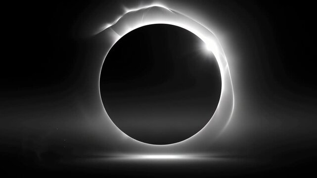 Deep black circle eclipse with glowing halo light abstract cosmic energy portal ring, surreal luminous halo over dark space background