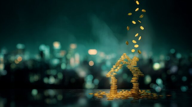 Abstract conceptual photo: floating gold coins arrange themselves into the outline of a house, then additional coins stream upward from the roofline. Bokeh background of city skyline. Cinematic teal-a