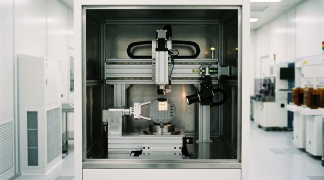 Medium shot capturing a lithography tool performing dose calibration on a test wafer showcasing advanced selfoptimization processes.