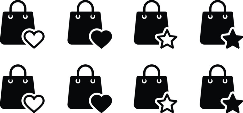 Shopping bag icons with heart and star symbols on a white background