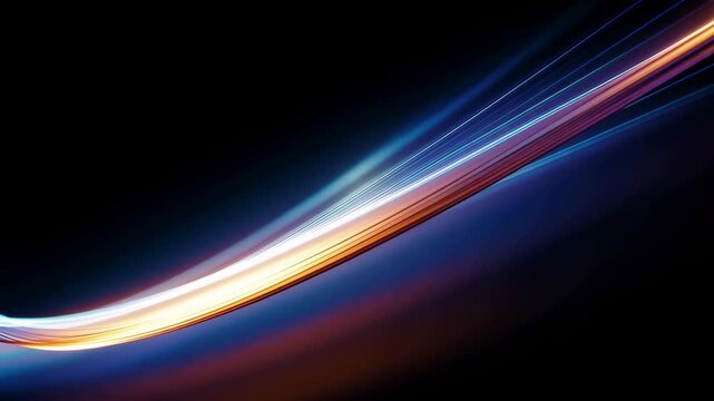 Deep black gradient light streak curve abstract energy motion with blue orange glow flowing smoothly across space futuristic background