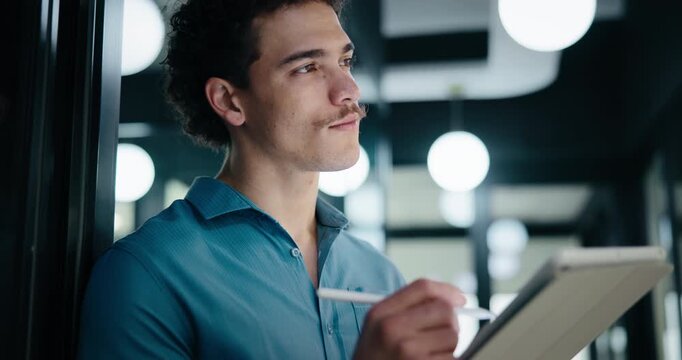 Thinking, writing or man with tablet in office, ai development or idea for machine learning prototype. Smile, program planning or software engineer with solution for system training, bokeh or tech