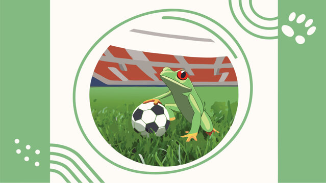 Illustration of red eyed tree frog playing soccer in large stadium on green grass field during day time with white background artistic frame and paw print pattern element for creative sport design.