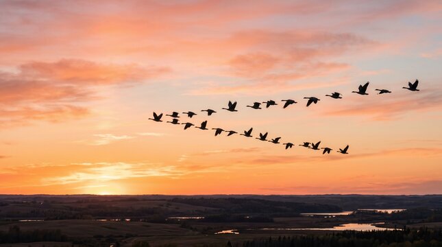 Geese Flying in V Formation at Sunset