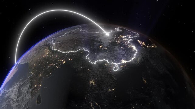Realistic 3D Earth Night Flight Path Arc from Cairo Egypt to Hong Kong China