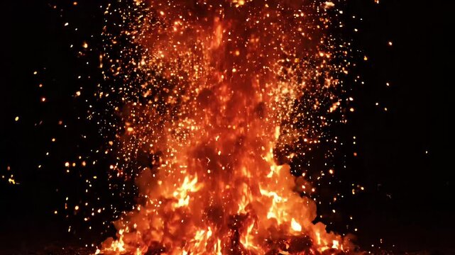 Fiery blaze, burning flames, sparks, fire, inferno, on black background