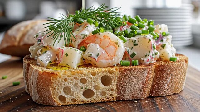 Delicious Shrimp Salad Bruschetta with Fresh Herbs Drizzled with Olive Oil on a Wooden Cutting Board
