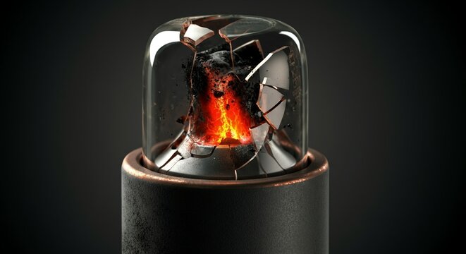 Close up blown heavy duty ceramic industrial fuse blackened shattered glass.