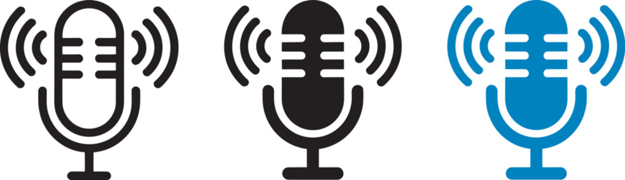 microphone and voice recording icon set for podcast mic symbol with sound waves in outline, solid black,