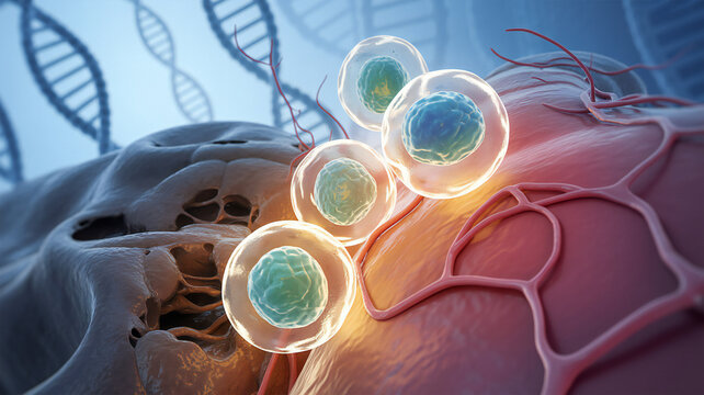 Cancer cells attacking tissue 3d render with dna background
