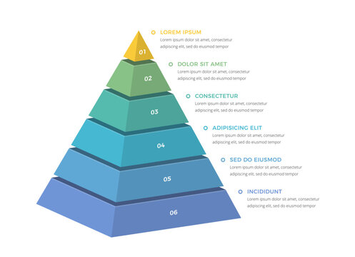 Pyramid infographic template with six segments for professional business presentations, marketing strategy visualization, or hierarchy data structure report