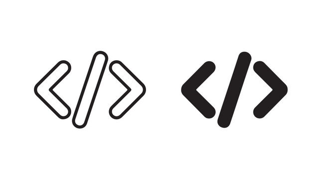 Black coding symbols on white background, minimalist style, sharp lighting, line art, for web development