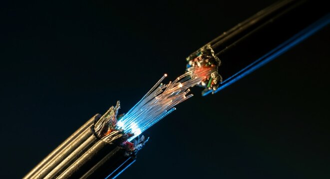 Extreme macro severed underground fiber optic communication cable showing broken.