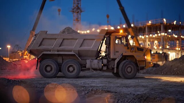 Dump truck, construction site, industrial vehicle, heavy machinery, nighttime operation