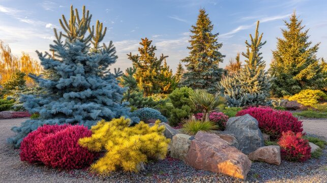 Diverse conifer and shrub plantings create a vibrant garden rockscape under a bright sky.