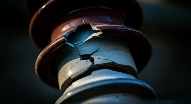 Macro detail shattered high voltage porcelain electrical insulator dark background.