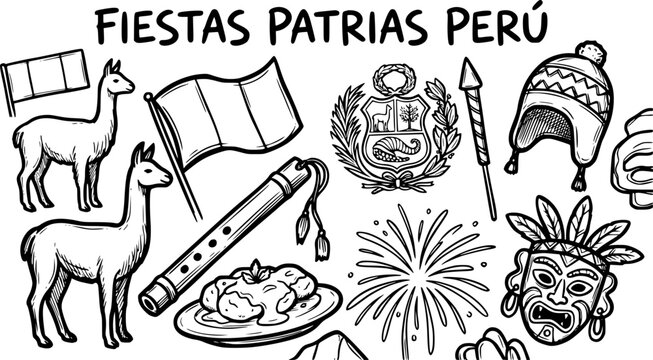Peruvian National Holidays Fiestas Patrias Per? vector doodle set: llamas, flag, traditional food, coat of arms, chullo, mask, fireworks in black  white line art.