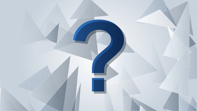 Blue 3D Question Mark Abstract Silver Geometric Triangles. Deep blue 3D question mark centered among silver-white geometric triangle shapes on light gray background.