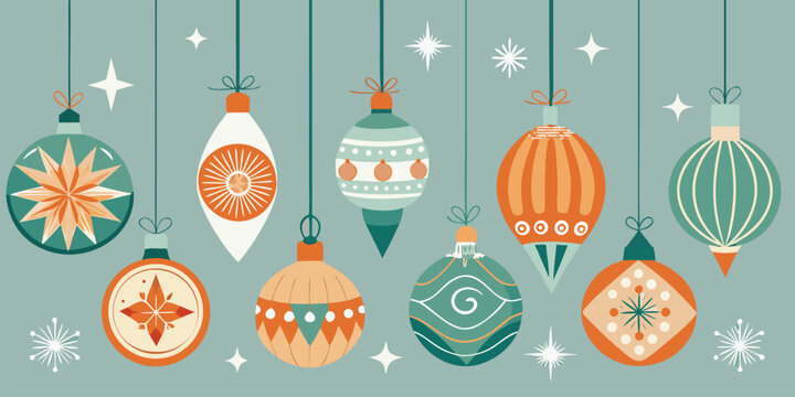Retro christmas ornaments in teal and orange with a background of sparkling stars and snowflakes capturing a cheerful mid-century modern aesthetic for holiday designs.