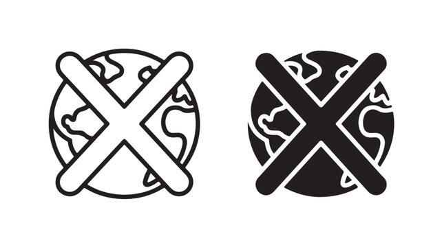 Globe icons with cross in black and white line art on isolated background for environmental or global issues