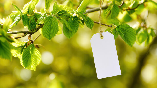 A branch with fresh green leaves holds a blank tag. Sunlight filters through the leaves, creating a bright and natural background. The scene captures the essence of nature