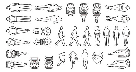 Architectural people silhouettes in top view and side view, minimalist line art human figures for floor plans, 2D vector scale people for CAD drawings © Ali