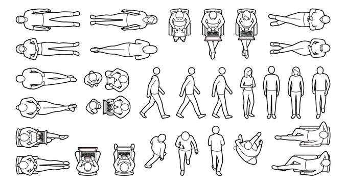 Architectural people silhouettes in top view and side view, minimalist line art human figures for floor plans, 2D vector scale people for CAD drawings
