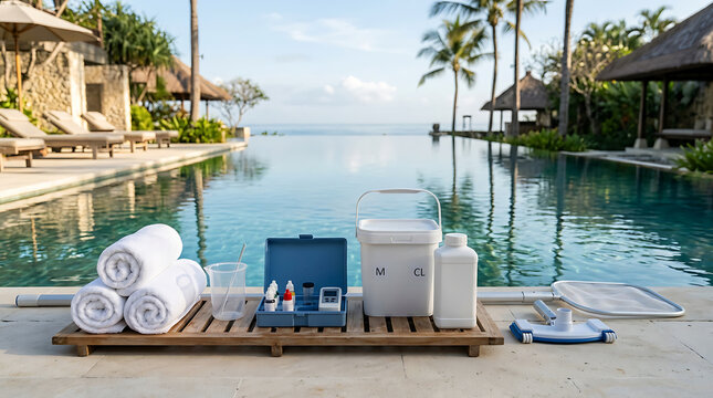 Swimming pool maintenance kit with water testing equipment and cleaning tools near a resort infinity pool
