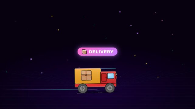 A loopable flat vector animation of a red delivery truck carrying a cardboard box box, moving forward with neon glowing pop-up tags such as fast shipping, 24h delivery, and on the way