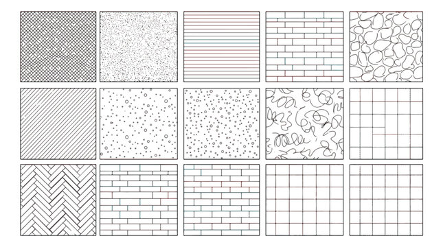 Minimalist geometric pattern set, 15 seamless vector textures featuring line art, architectural brick and tile swatches for interior design mockups