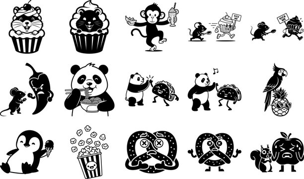 Black and white cartoon animal illustrations with food and drinks  various funny scenes