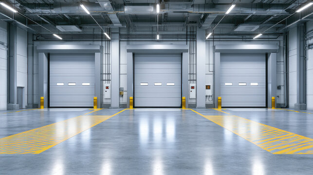 Three loading docks are seen in a large storage area with a smooth concrete floor. The walls are gray with various pipes and lights above. Yellow lines mark the floor