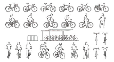 Minimalist bicycle line icons and people riding bikes vector set, architectural scale figures for urban planning, cycling transportation silhouettes © Ali