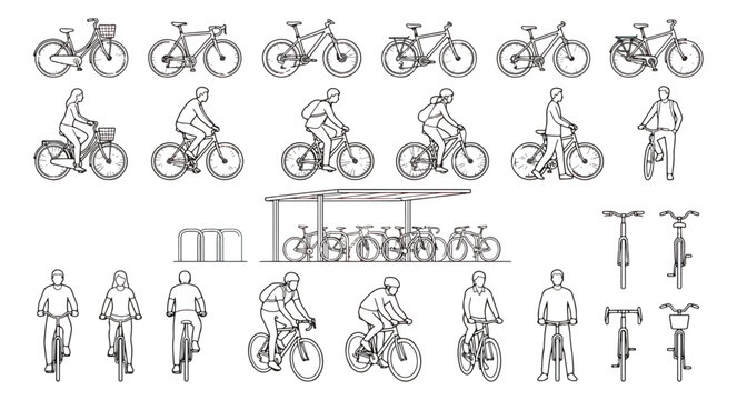 Minimalist bicycle line icons and people riding bikes vector set, architectural scale figures for urban planning, cycling transportation silhouettes