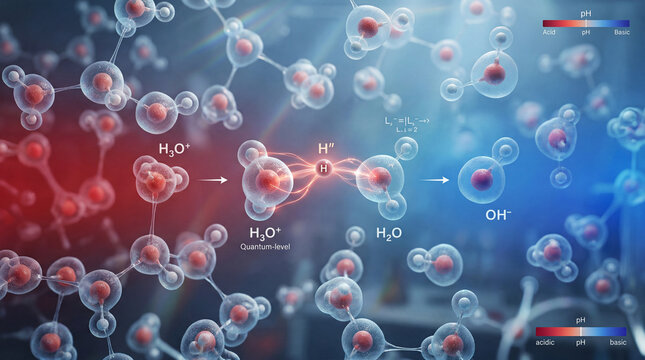 Unveiling the dynamic dance of water molecules at a quantum level, illustrating a fundamental acid base reaction with vibrant energy