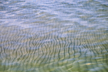 Fototapeta premium gentle ripples on the surface of crystal clear shallow water reveal a textured sandy seabed below.