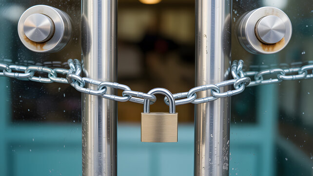 A close-up view of a secure metal gate with a chain and padlock