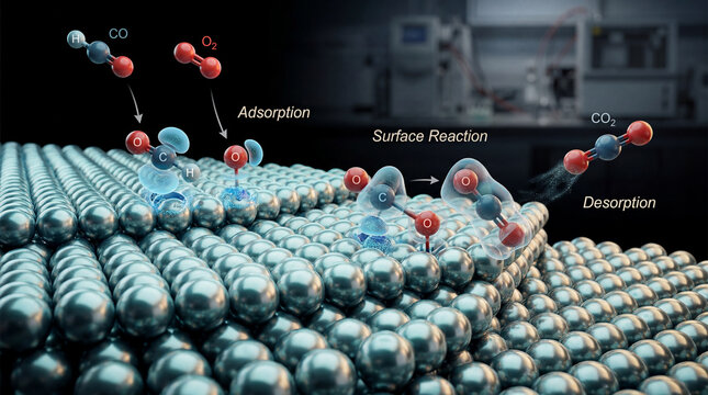 Vibrant molecular ballet of carbon monoxide and oxygen combining on a catalyst, revealing the precise creation of carbon dioxide
