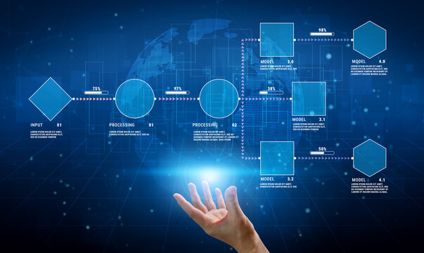Futuristic Graphic Showing Data Processing Flowchart with Models and Input in Digital Space for Technology and Business Themes Quark.
