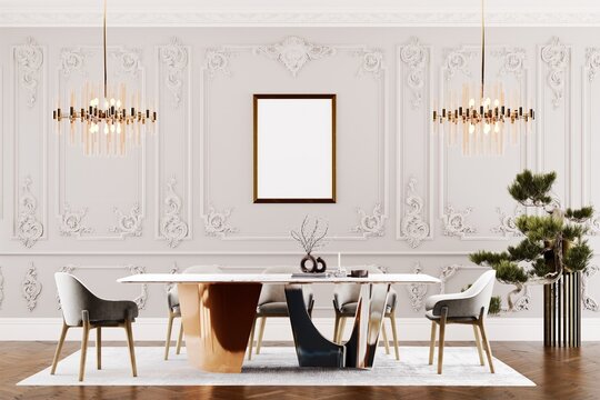 3D Render of Bright luxury dining room with classic wall moldings and crystal chandeliers.