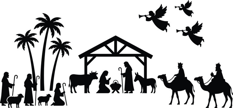Christmas nativity scene silhouettes set featuring baby Jesus Mary Joseph wise men angels and shepherds isolated on white background