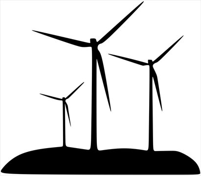 Drawing of wind power plant with wind turbines with renewable energy. Minimalistic vector illustration, hand drawn in black style, isolated on white background. Eco-friendly concept of sustainable ene