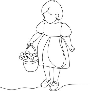 Continuous line drawing of a little girl with a basket of flowers. Minimalistic freehand vector illustration in trendy outline style, isolated on white background. Elegant children's drawing with bota
